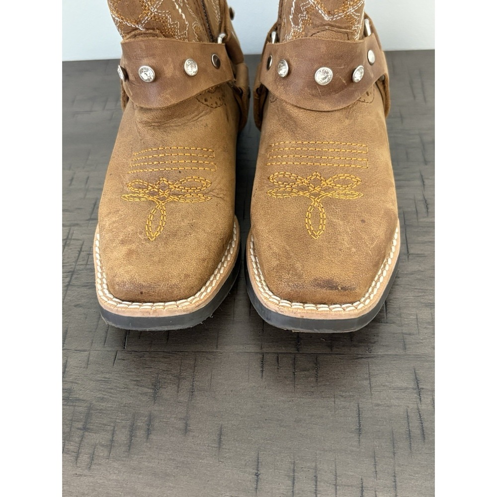 RW Brown Leather Western Boots Girls 16.5 US 9.5 Rhinestone Stud Ankle Harness - Picture 4 of 10